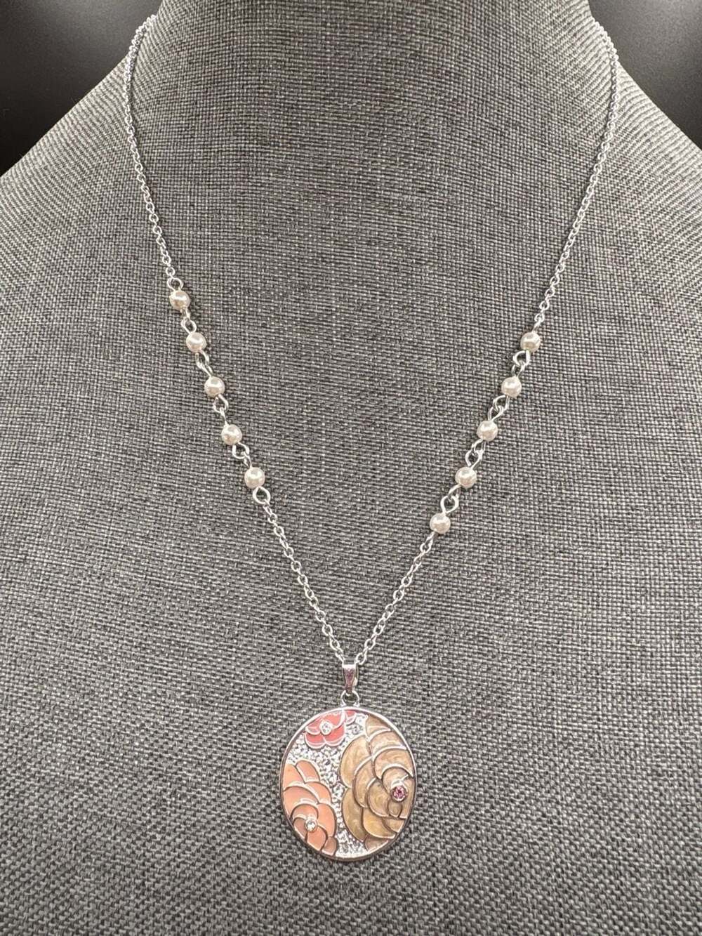 NRT Silver Tone Floral Enamel and Rhinestone Pendant Necklace